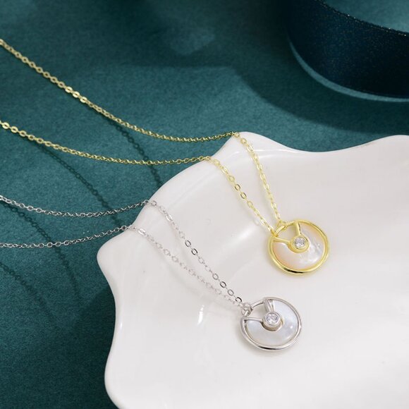 Jewelry - 14kt Gold Plated over Sterling Silver White MOP Shell CZ Amulet Necklace